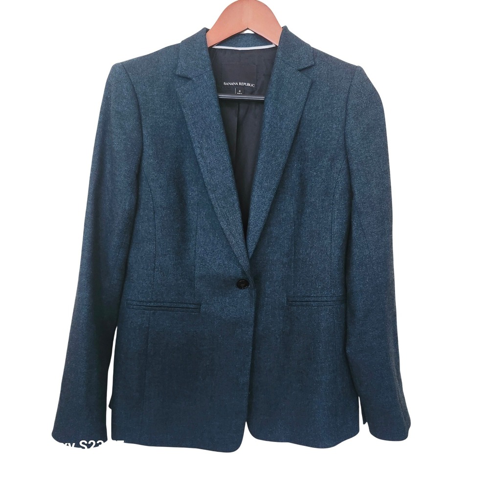Banana Republic Blazer Women 4 Teal Blue Nova Fides Wool Blend One Button Jacket